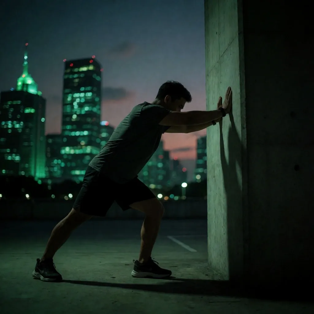 An active man stretching in low light after a Jakarta run